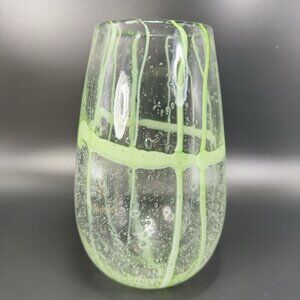 Hand Blown Art Glass Vase Vessel Clear Green Lines And Bubbles All Over Vase VTG